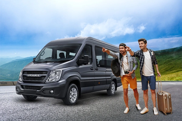 Friends enjoying a group road trip in 9 seater Urbania van